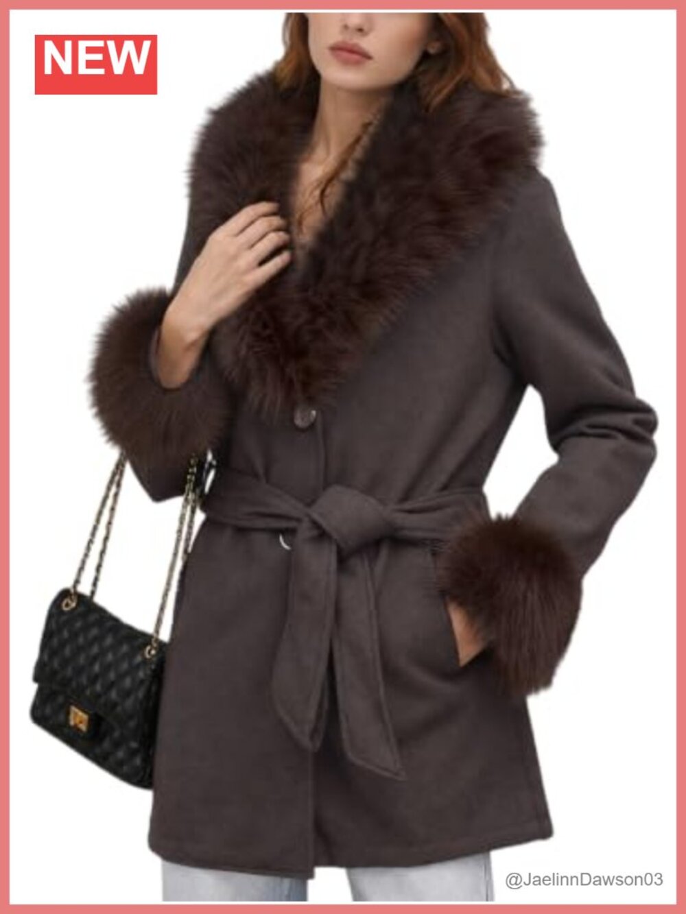 Women Faux Fur Lined Pea Coat Belted Trench Coat